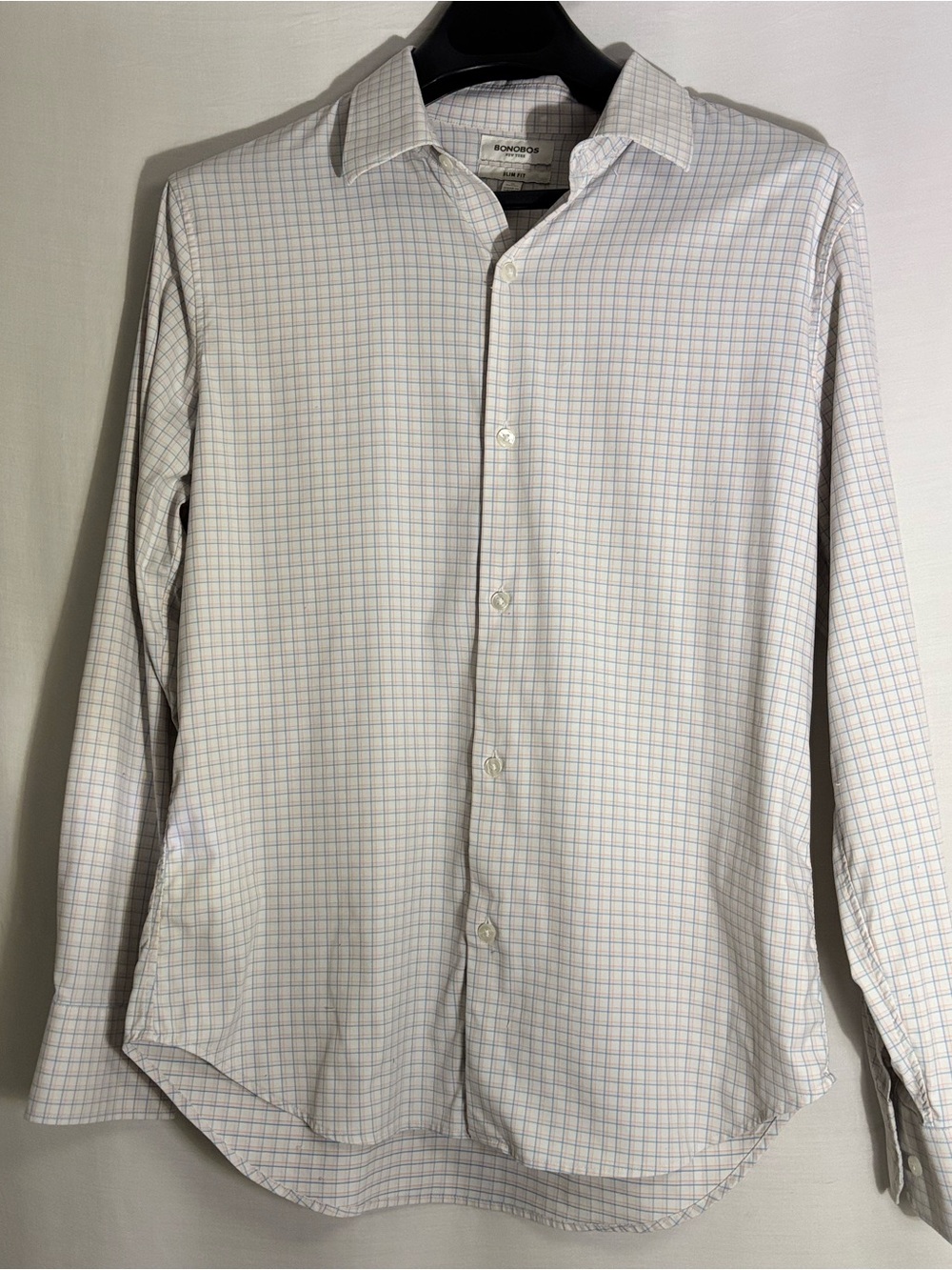 Bonobos White Button-Up Shirt with Light Blue and Light Red Windowpane